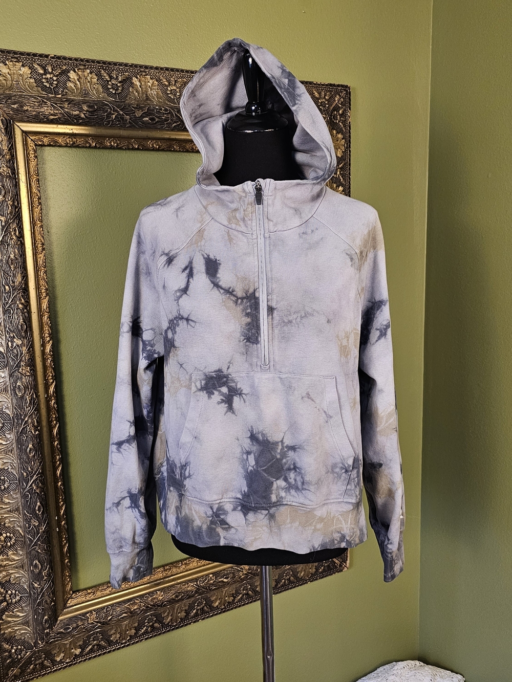 Zelos Tie Dye Quarter Zip Hoodie Gray Black Kangaroo Pocket Women's Medium